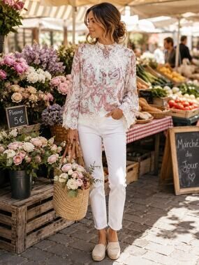 LOFT NWT Paisley Lace Trim Boho Blouse Small Romantic Cottagecore Top